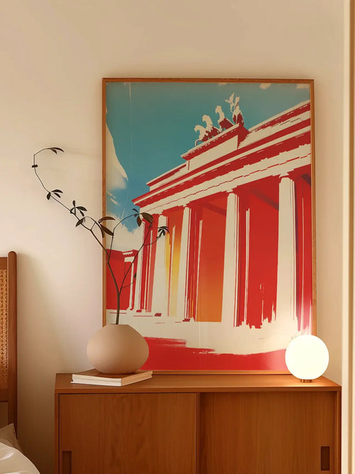 Mockup d’affiche décorative de la Porte de Brandebourg à Berlin dans un intérieur moderne
