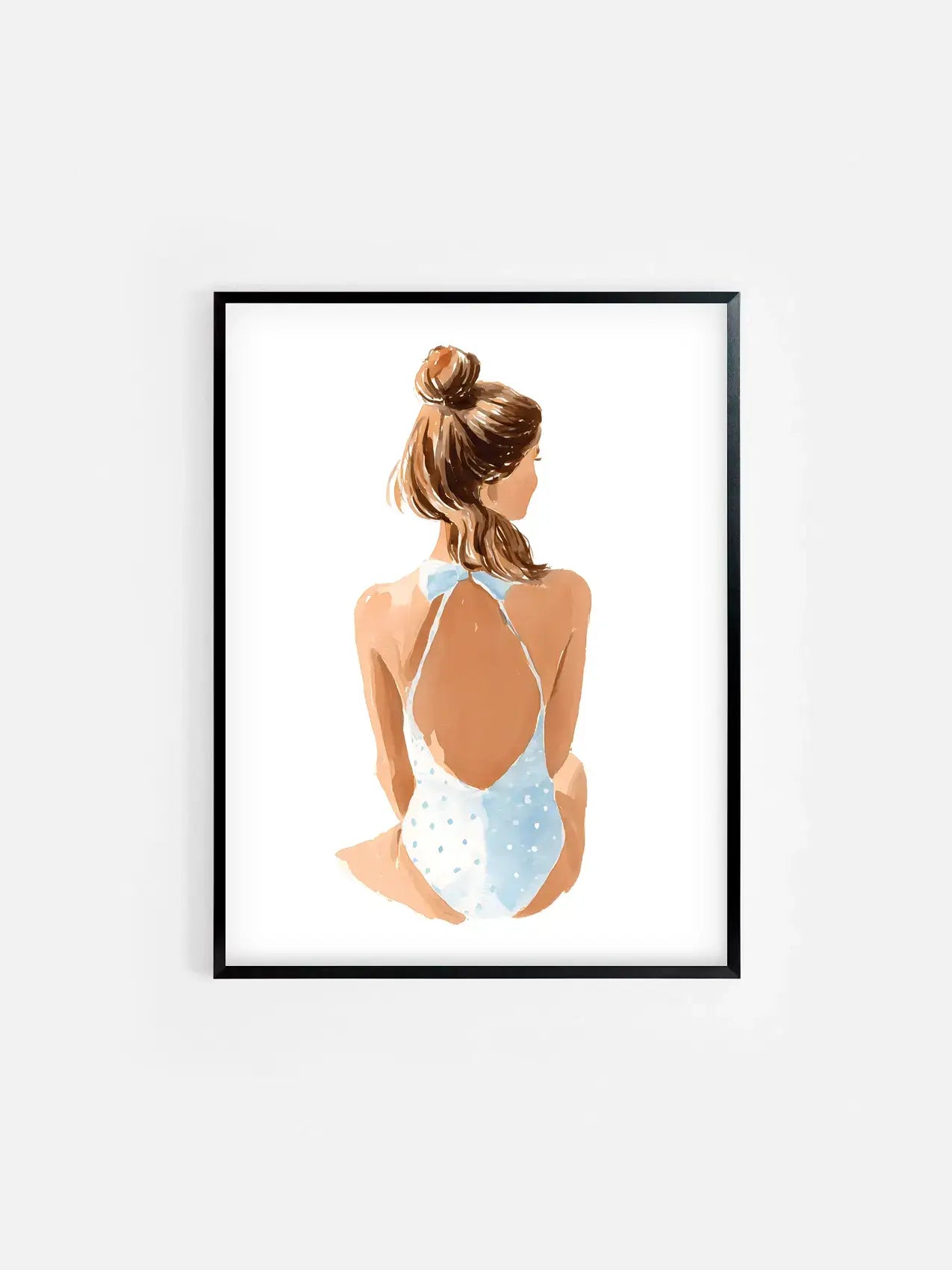 Affiche illustrée d’une fille en bikini ambiance plage encadrée dans un cadre noir 30x40 cm – décoration murale estivale et moderne