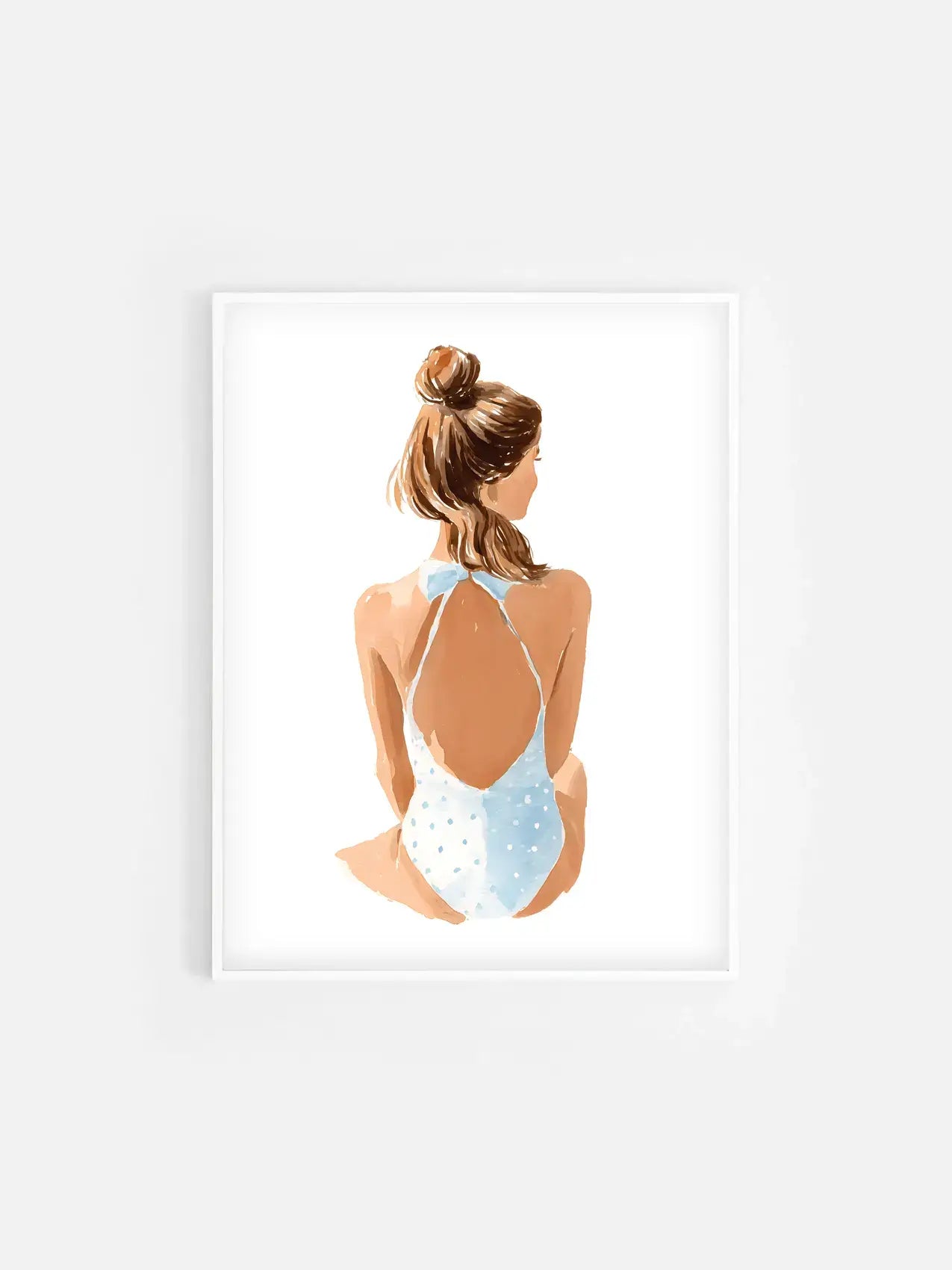 Affiche illustrée d’une fille en bikini ambiance plage encadrée dans un cadre blanc 30x40 cm – décoration murale estivale et moderne