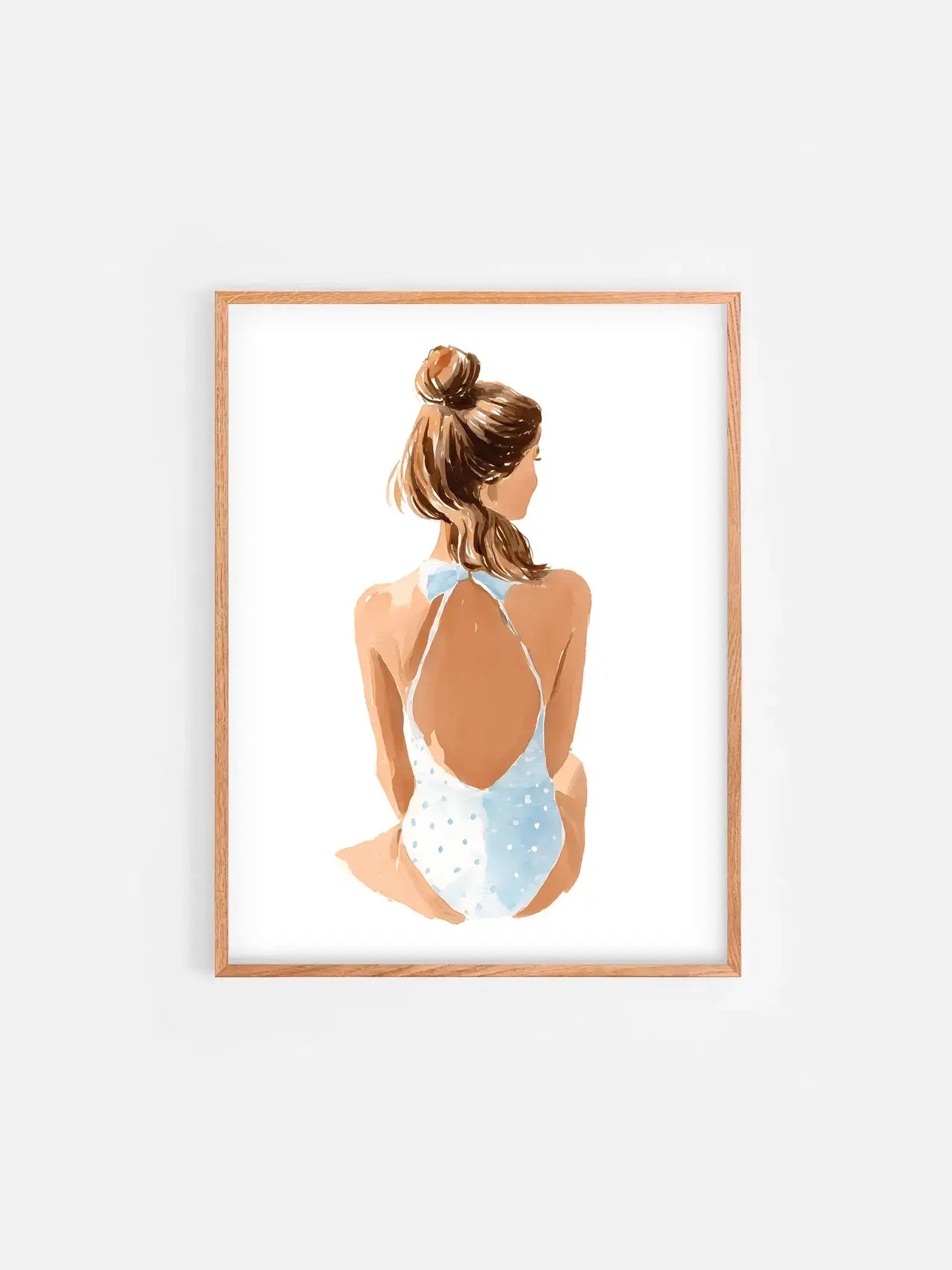 Affiche illustrée d’une fille en bikini ambiance plage encadrée dans un cadre en bois 30x40 cm – décoration murale estivale et moderne