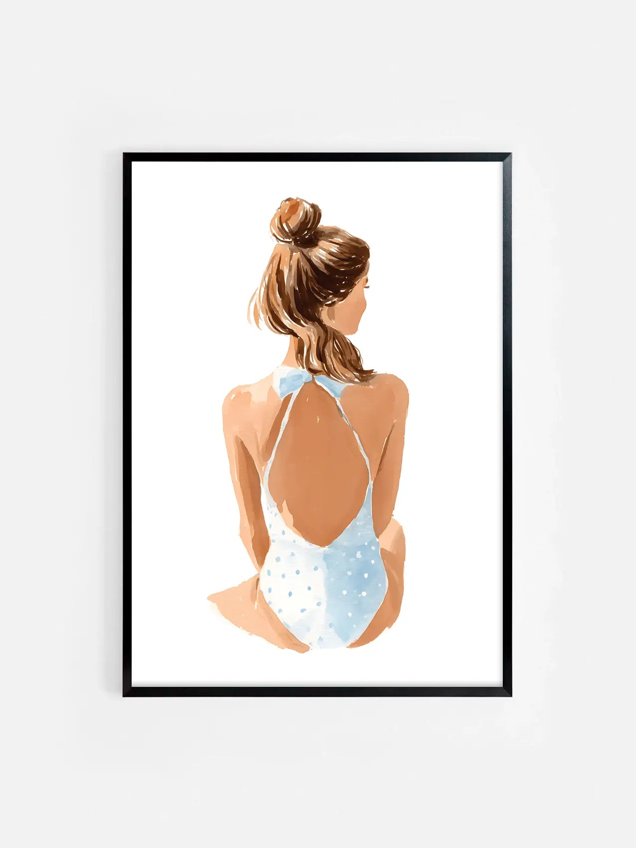 Affiche illustrée d’une fille en bikini ambiance plage encadrée dans un cadre noir 50x70 cm – décoration murale estivale et moderne