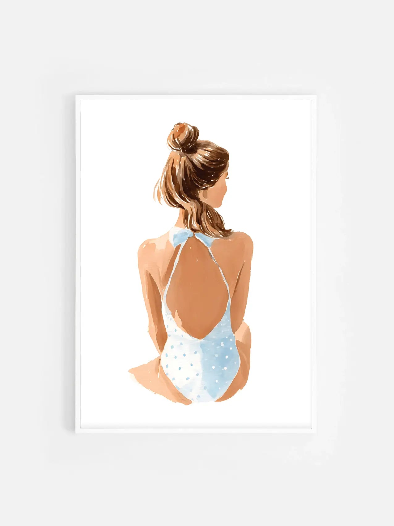 Affiche illustrée d’une fille en bikini ambiance plage encadrée dans un cadre blanc 50x70 cm – décoration murale estivale et moderne