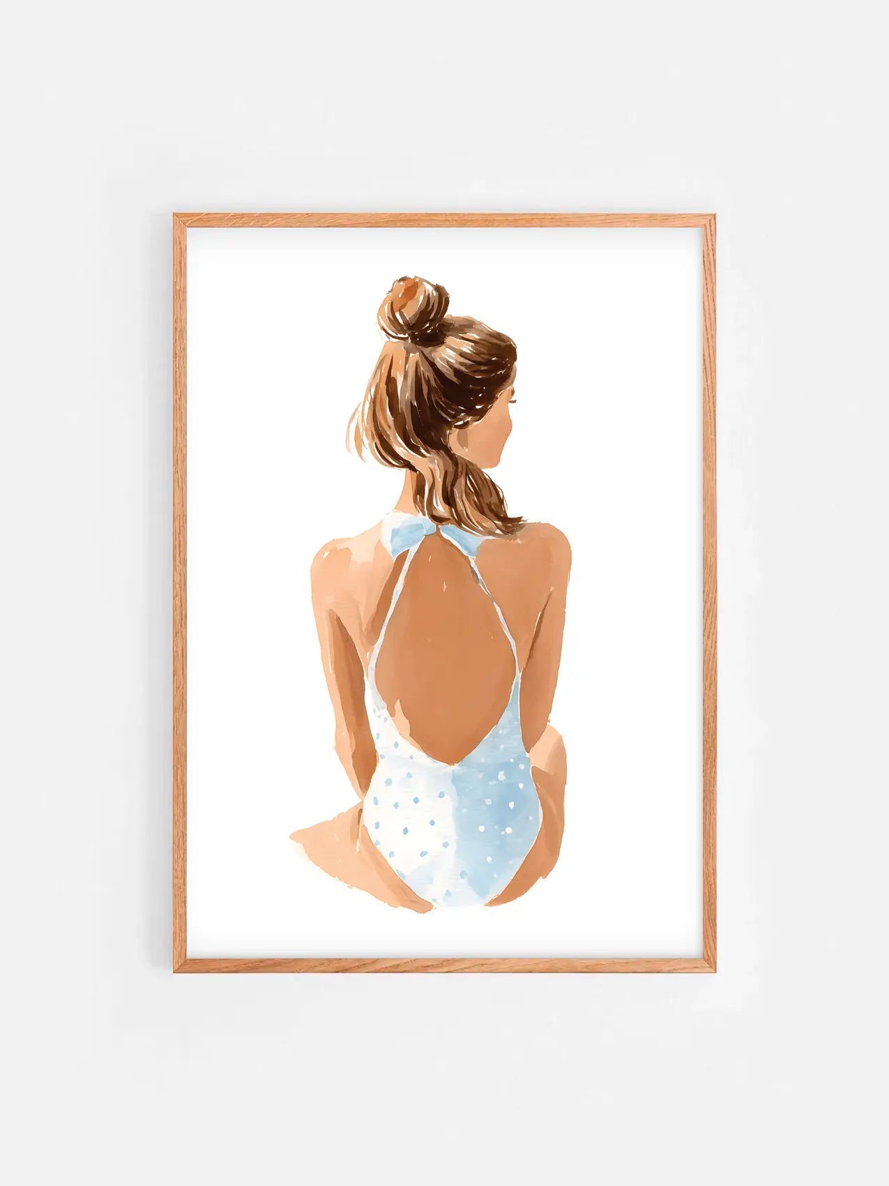 Affiche illustrée d’une fille en bikini ambiance plage encadrée dans un cadre en bois 50x70 cm – décoration murale estivale et moderne