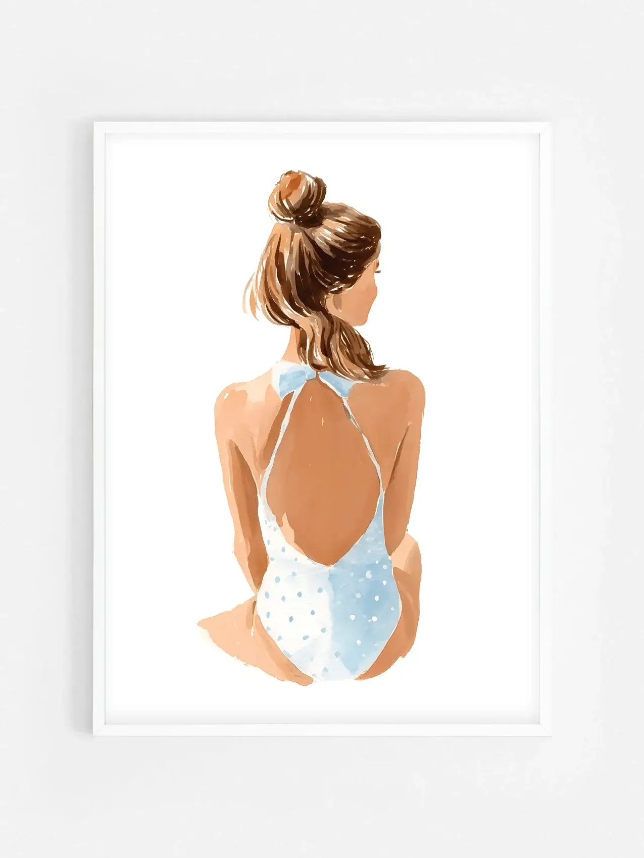 Affiche illustrée d’une fille en bikini ambiance plage encadrée dans un cadre blanc 70x100 cm – décoration murale estivale et moderne