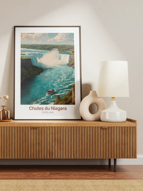Mockup d’affiche décorative des Chutes du Niagara dans un intérieur moderne