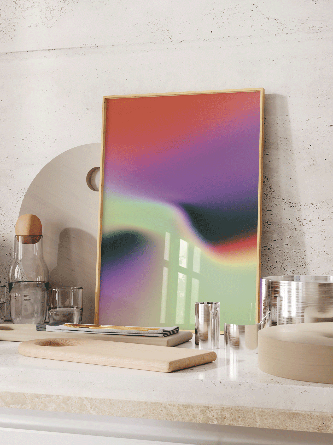 Mockup d’affiche abstraite avec dégradé de couleurs – poster déco moderne dans un intérieur contemporain