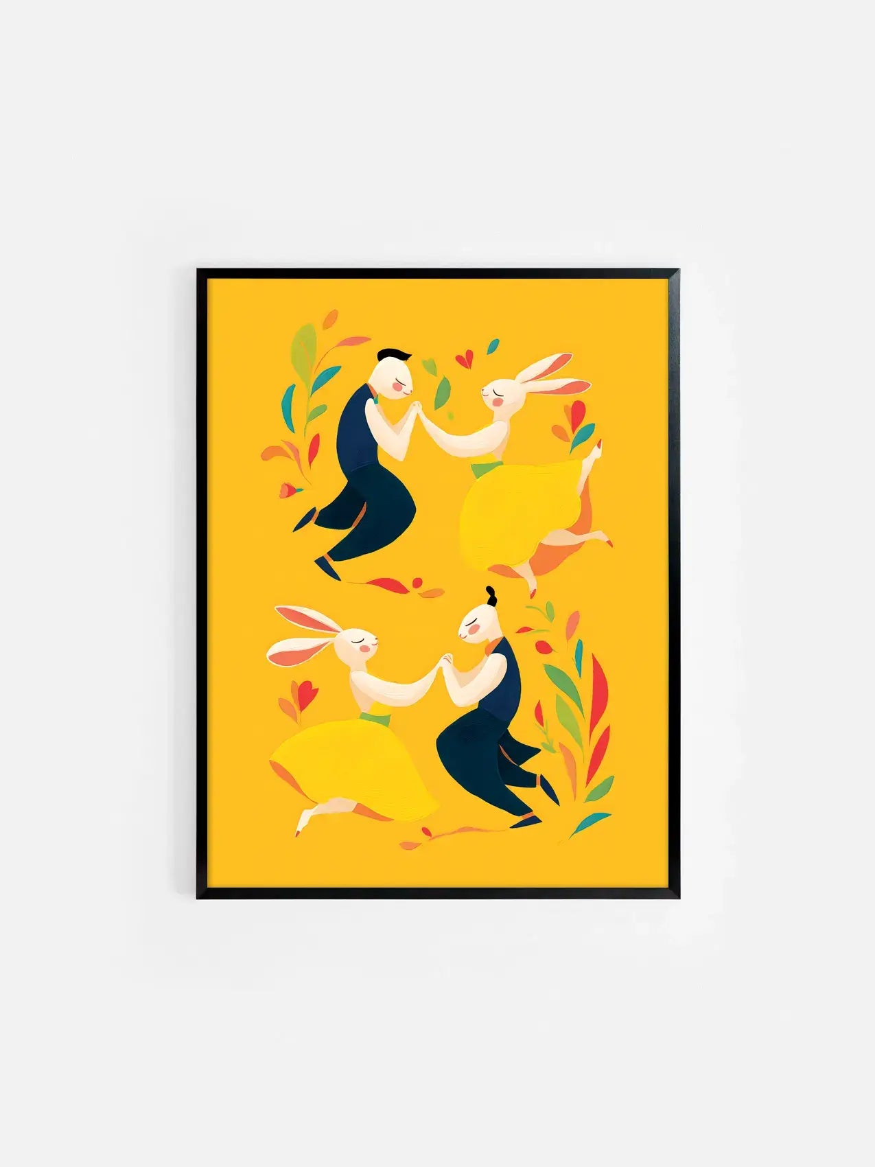 Affiche jaune illustrée avec des lapins pour Pâques encadrée dans un cadre noir 30x40 cm – décoration murale enfantine et festive