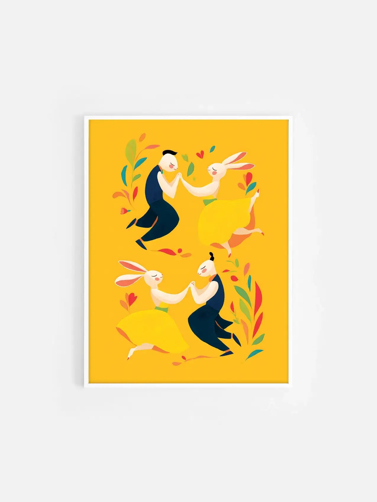 Affiche jaune illustrée avec des lapins pour Pâques encadrée dans un cadre blanc 30x40 cm – décoration murale enfantine et festive