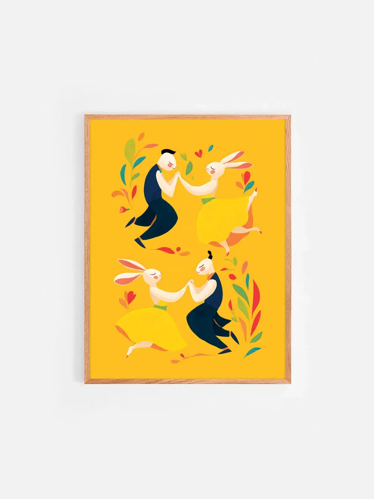 Affiche jaune illustrée avec des lapins pour Pâques encadrée dans un cadre en bois 30x40 cm – décoration murale enfantine et festive