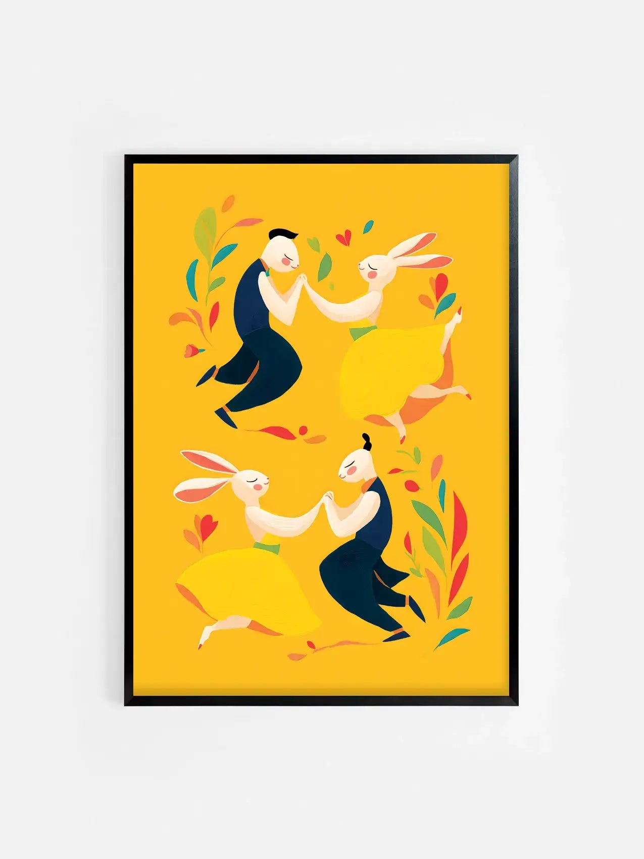 Affiche jaune illustrée avec des lapins pour Pâques encadrée dans un cadre noir 50x70 cm – décoration murale enfantine et festive