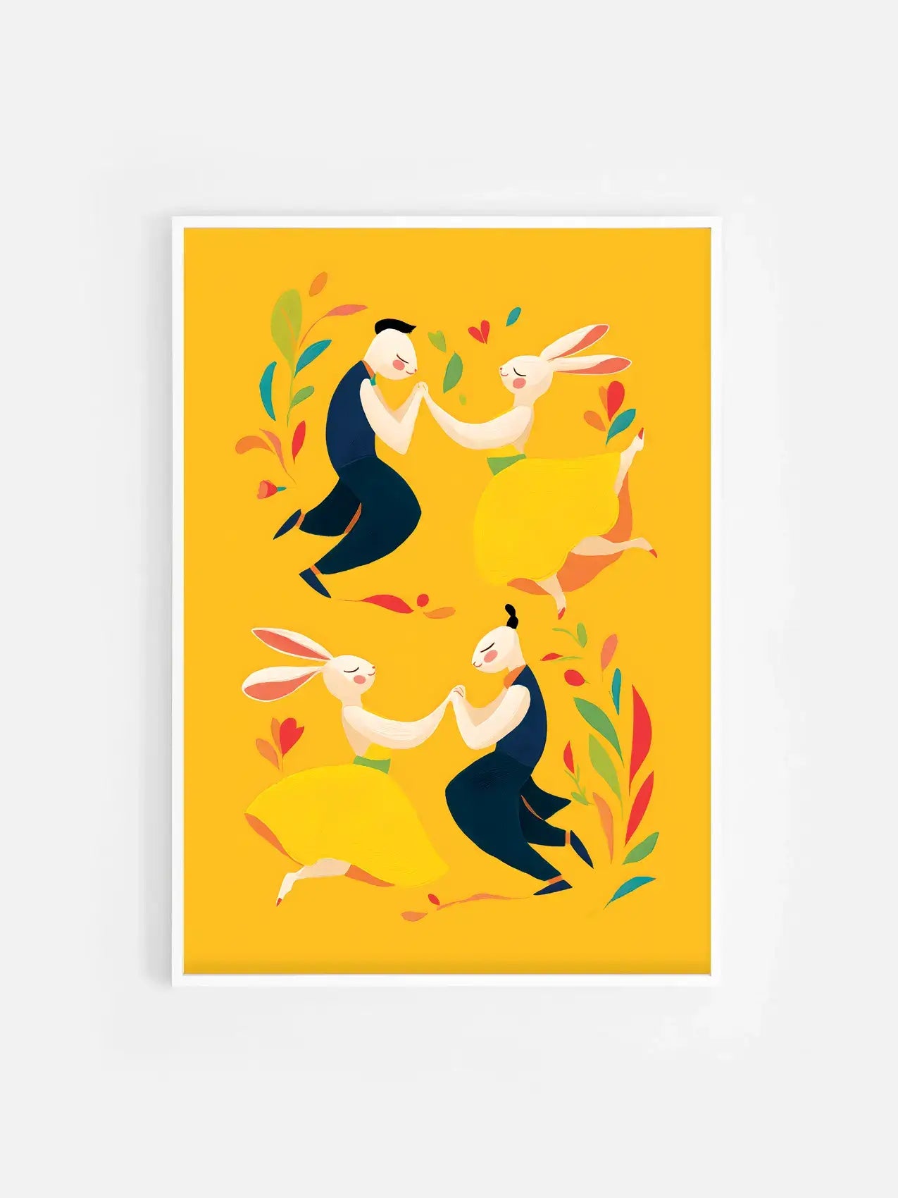 Affiche jaune illustrée avec des lapins pour Pâques encadrée dans un cadre blanc 50x70 cm – décoration murale enfantine et festive