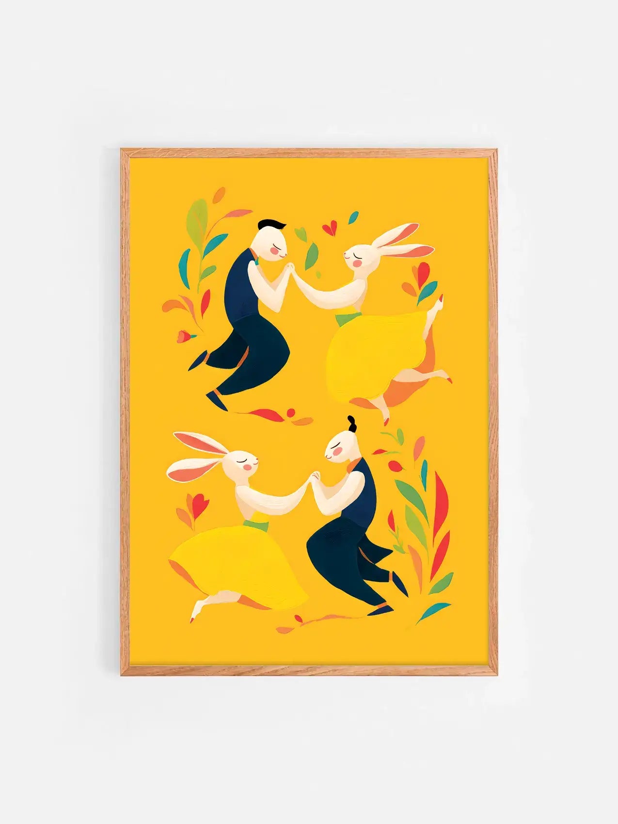 Affiche jaune illustrée avec des lapins pour Pâques encadrée dans un cadre en bois 50x70 cm – décoration murale enfantine et festive