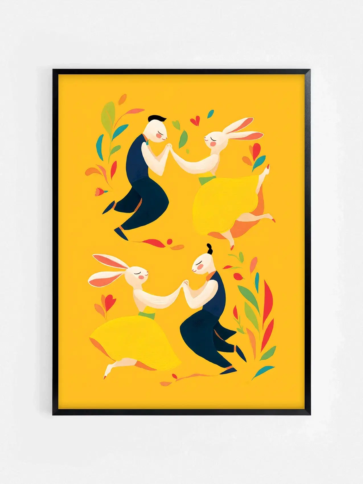 Affiche jaune illustrée avec des lapins pour Pâques encadrée dans un cadre noir 70x100 cm – décoration murale enfantine et festive