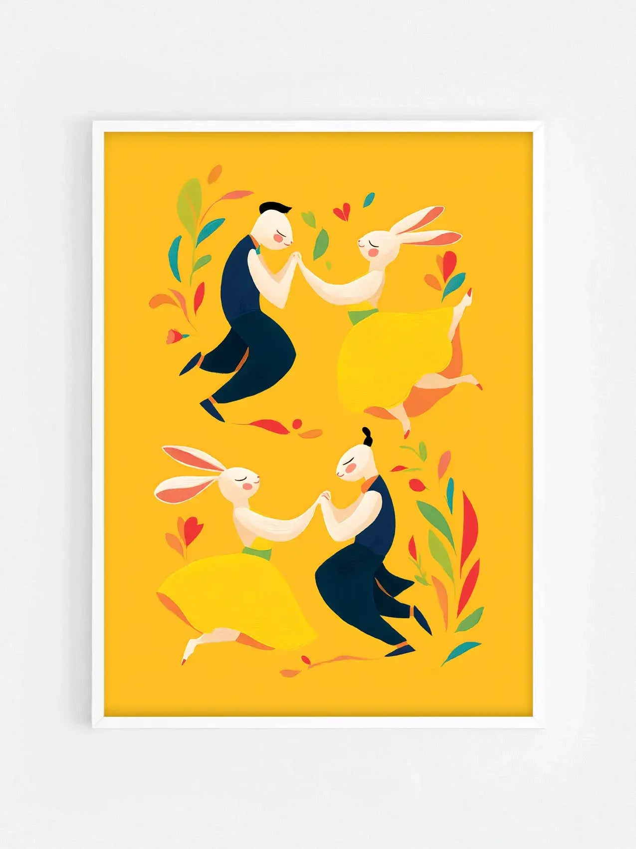 Affiche jaune illustrée avec des lapins pour Pâques encadrée dans un cadre blanc 70x100 cm – décoration murale enfantine et festive