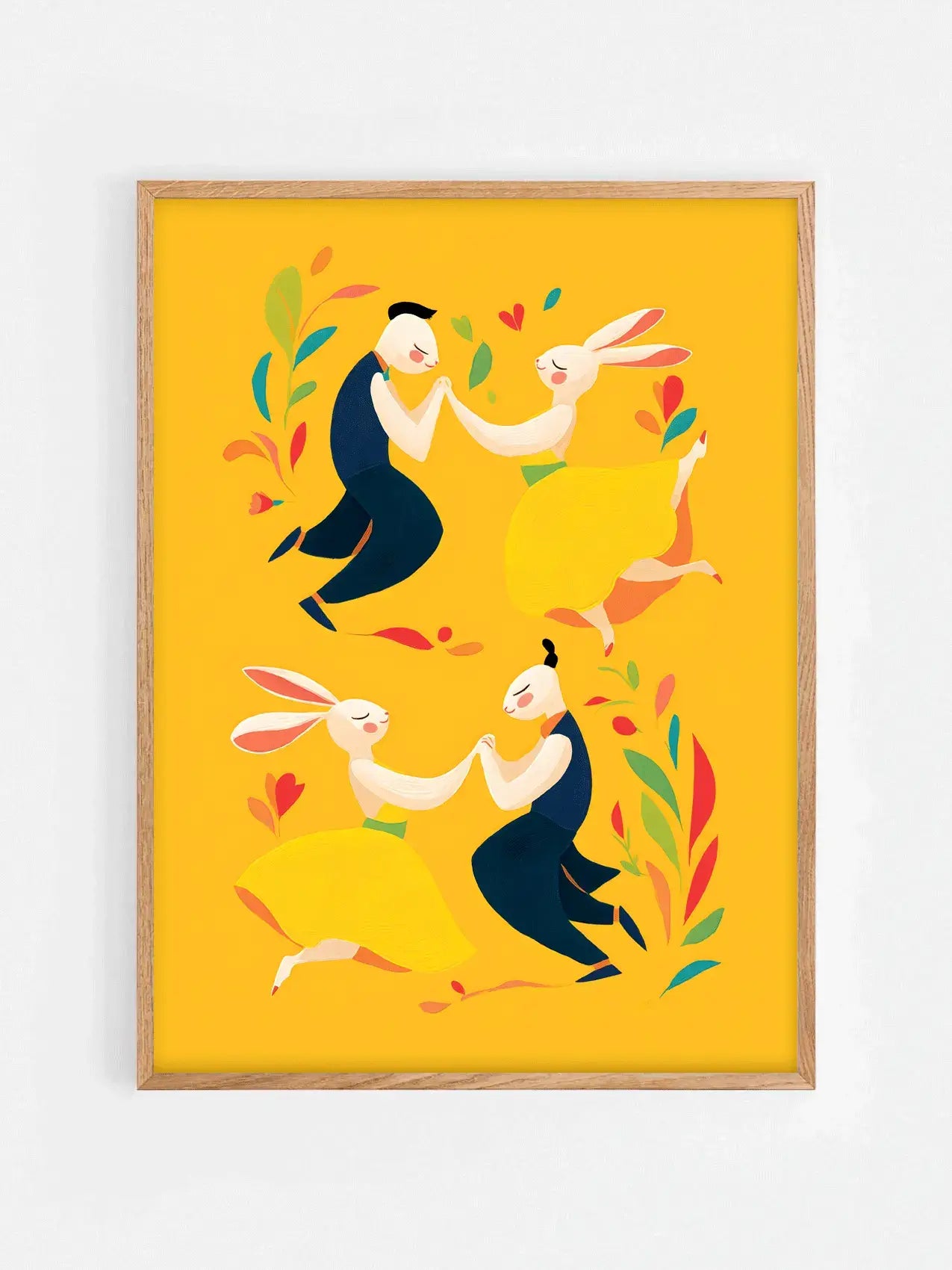 Affiche jaune illustrée avec des lapins pour Pâques encadrée dans un cadre en bois 70x100 cm – décoration murale enfantine et festive