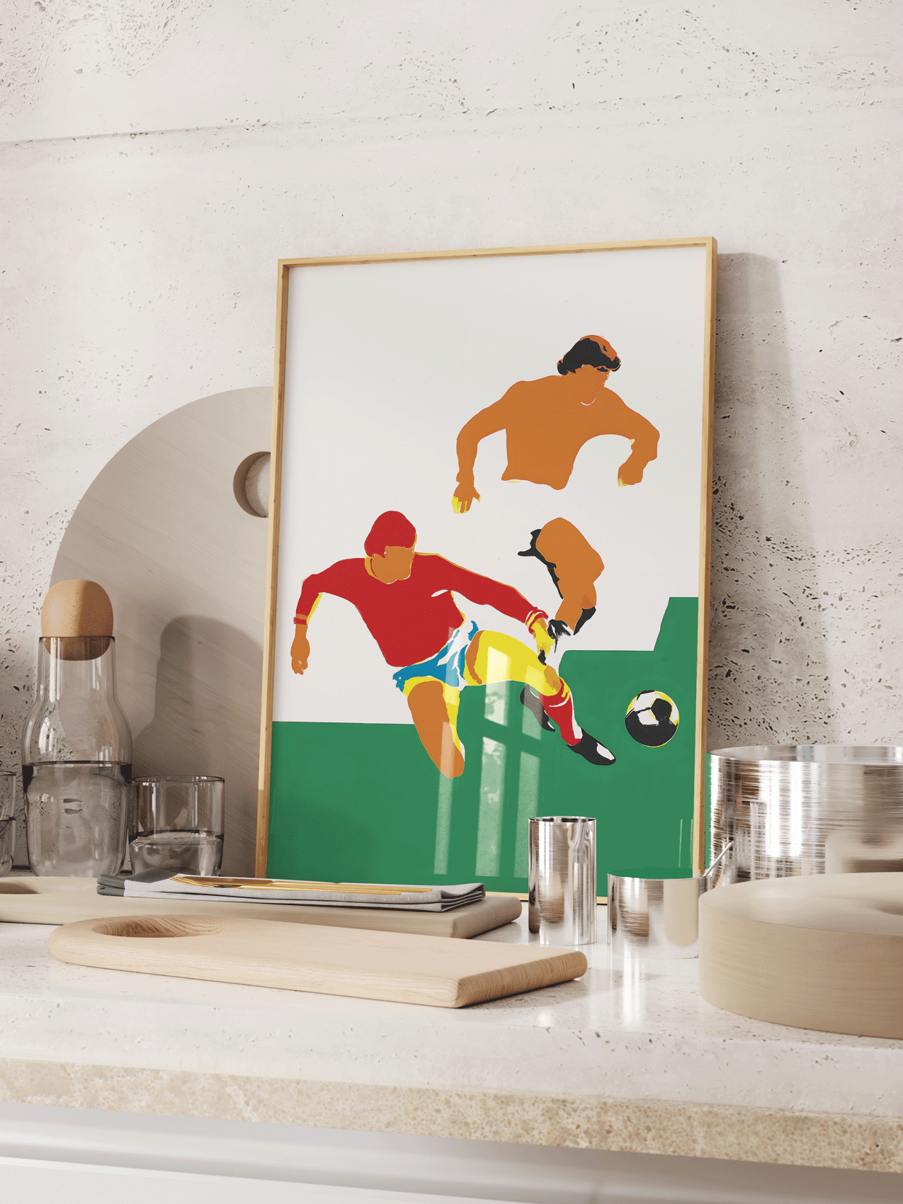 Mockup d’affiche illustrée sur le thème du football – poster déco sportive dans un intérieur moderne