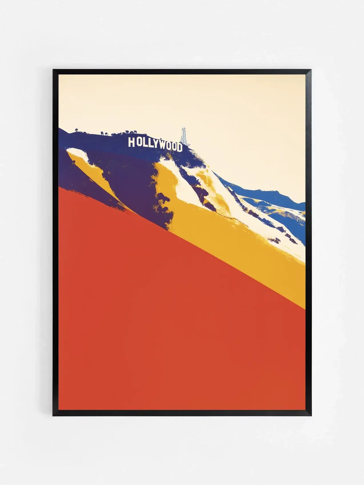 Affiche illustrée des lettres d’Hollywood encadrée dans un cadre noir 70x100 cm – décoration murale cinéma