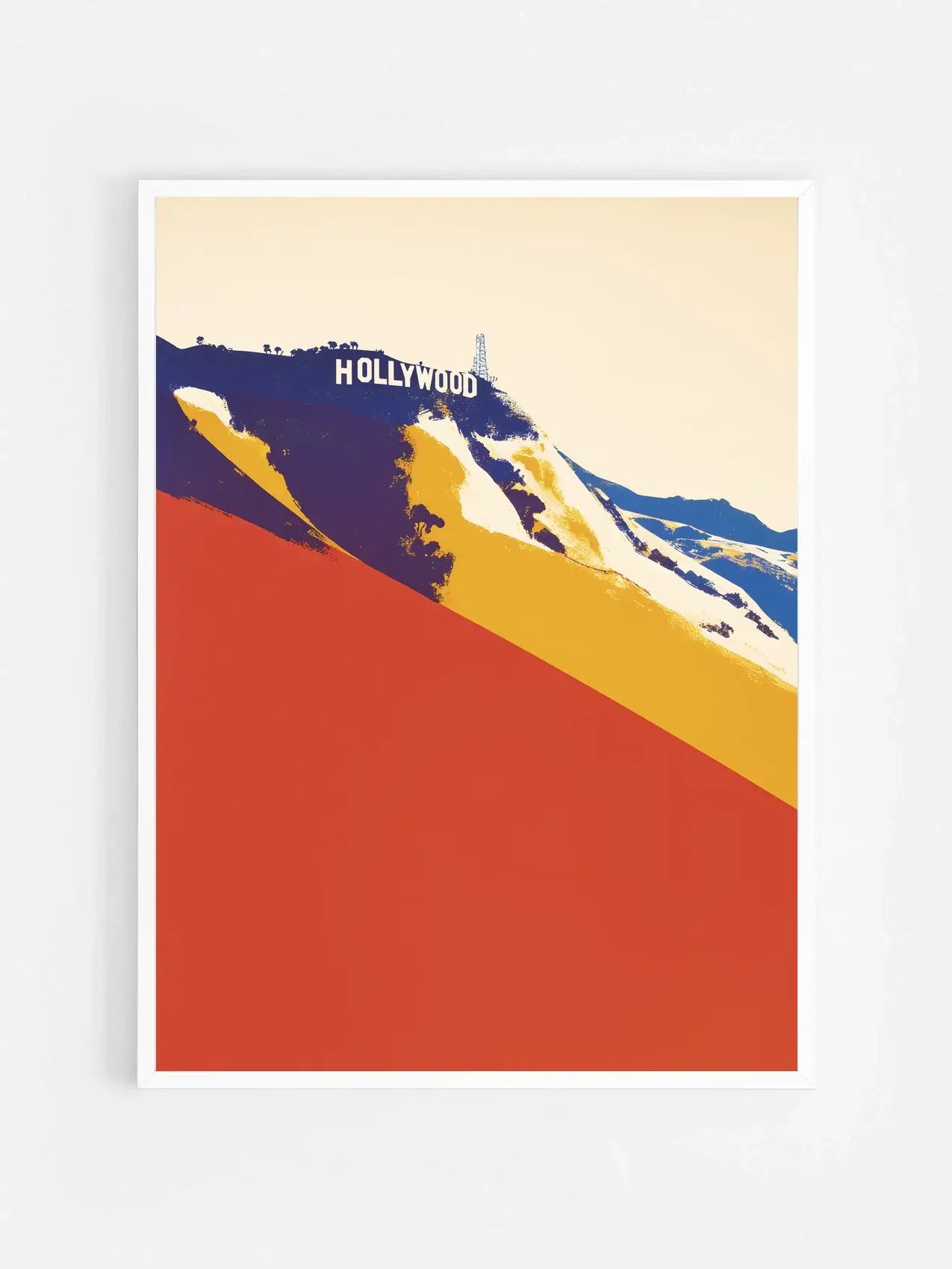Affiche illustrée des lettres d’Hollywood encadrée dans un cadre blanc 70x100 cm – décoration murale cinéma
