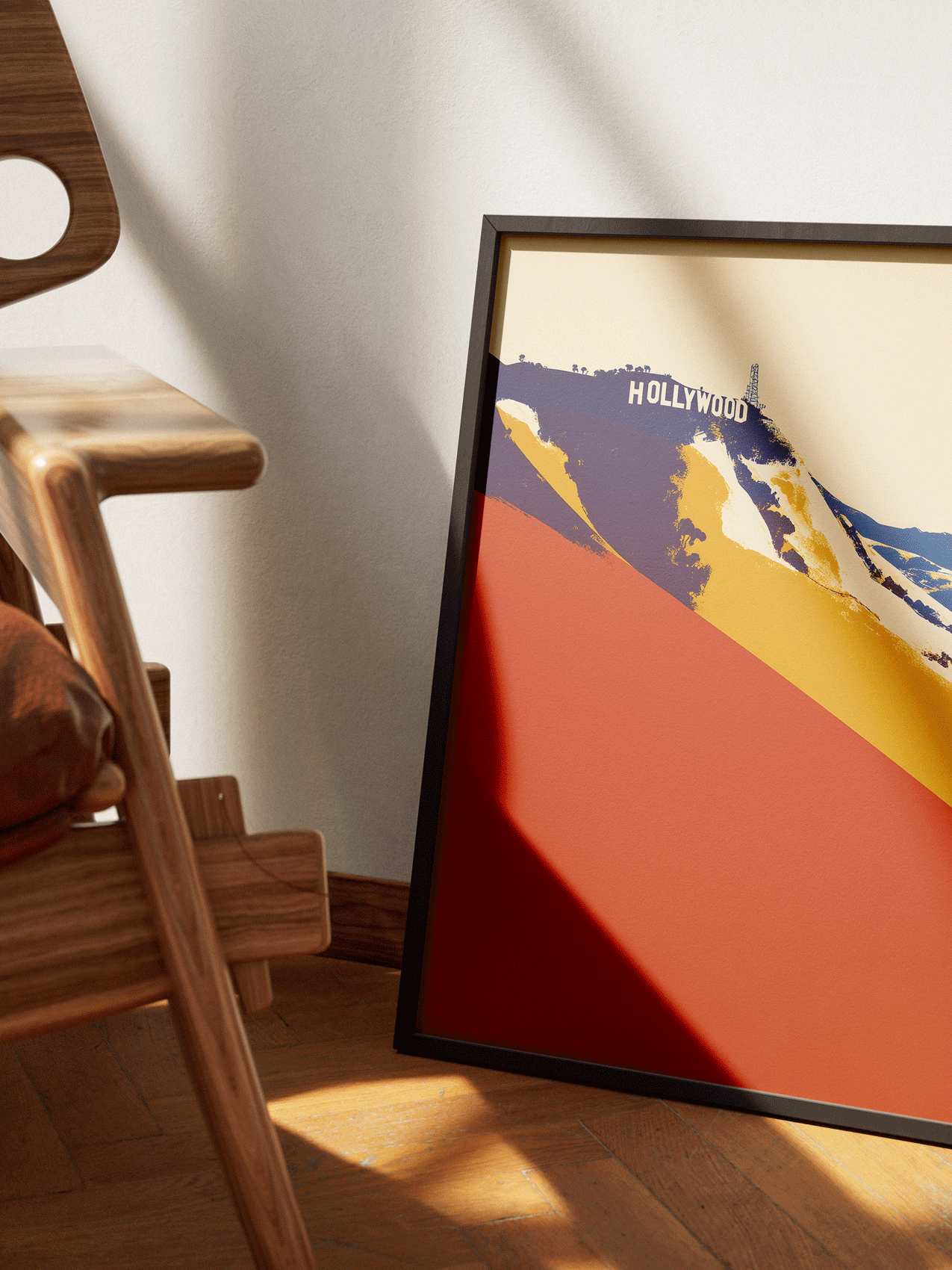 Mockup d’affiche illustrée des lettres d’Hollywood – poster déco cinéma dans un intérieur moderne