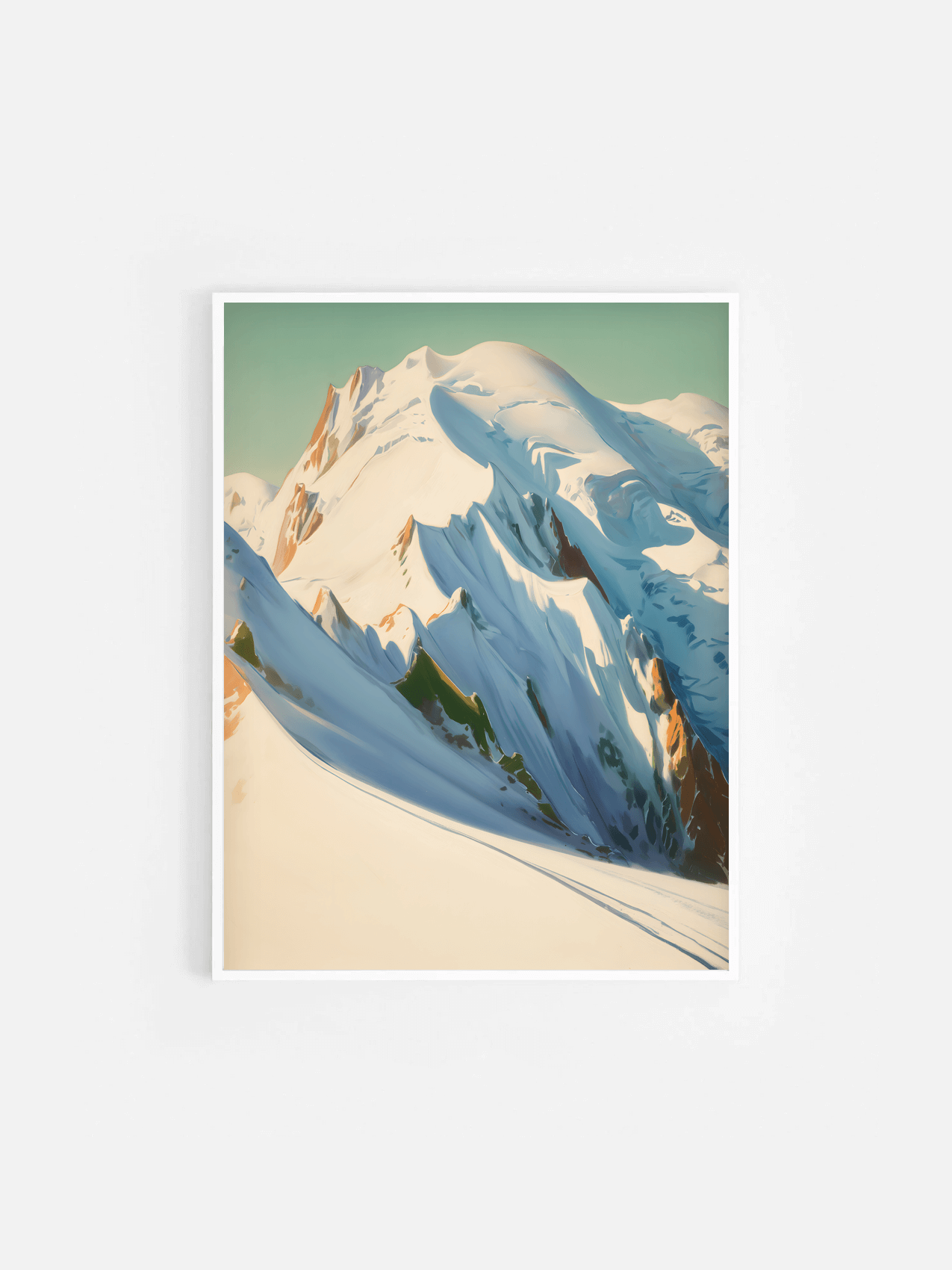 Affiche illustrée du Mont Blanc encadrée dans un cadre blanc 30x40 cm – décoration murale nature et montagne