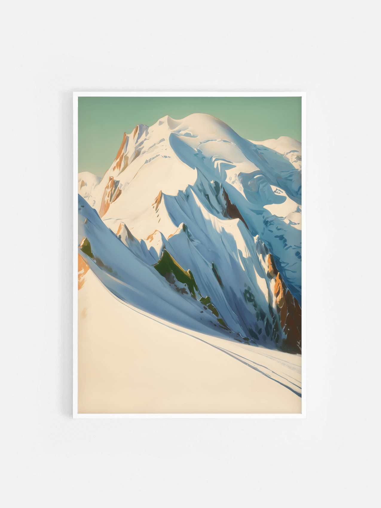 Affiche illustrée du Mont Blanc encadrée dans un cadre blanc 50x70 cm – décoration murale nature et montagne