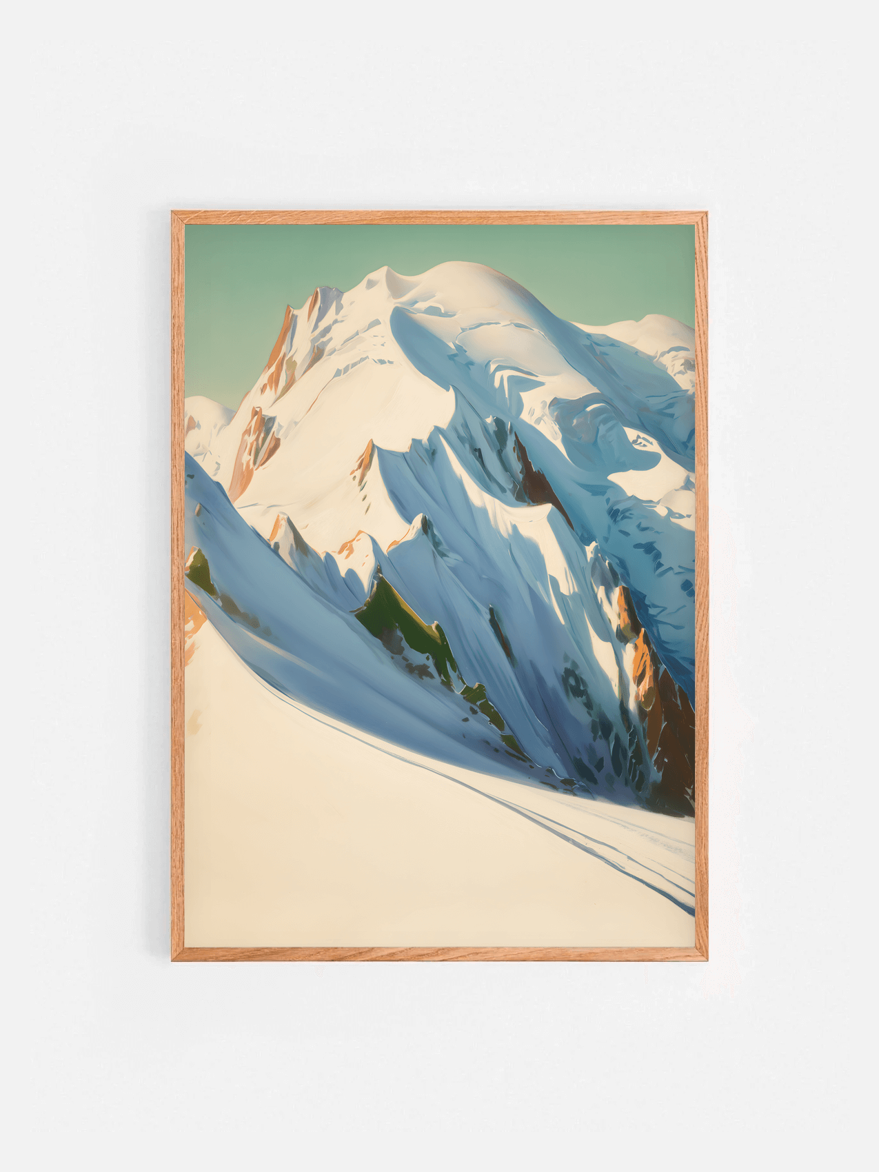 Affiche illustrée du Mont Blanc encadrée dans un cadre en bois 50x70 cm – décoration murale nature et montagne