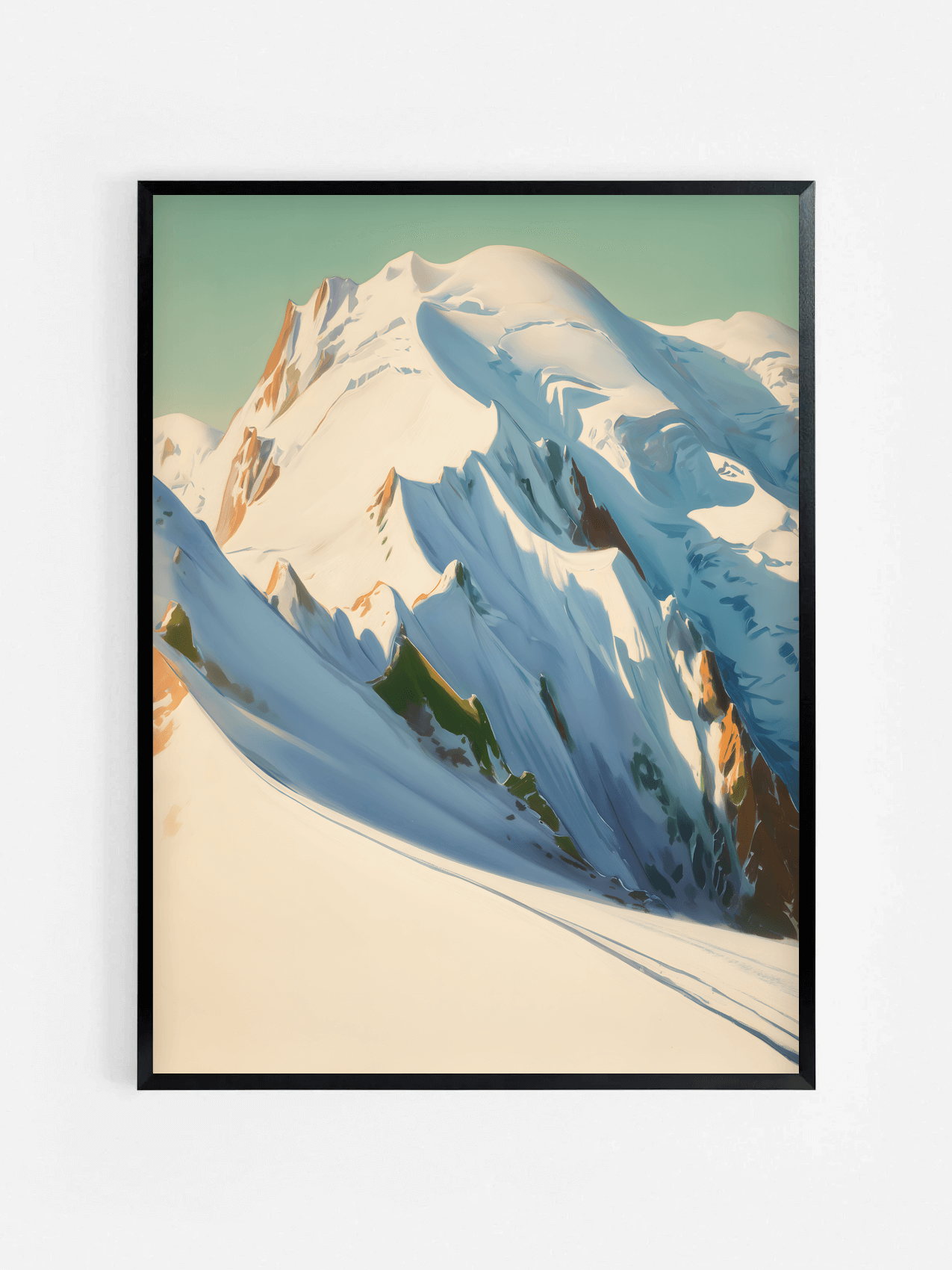 Affiche illustrée du Mont Blanc encadrée dans un cadre noir 70x100 cm – décoration murale nature et montagne