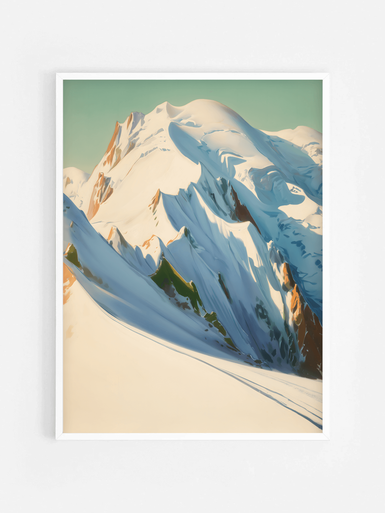 Affiche illustrée du Mont Blanc encadrée dans un cadre blanc 70x100 cm – décoration murale nature et montagne