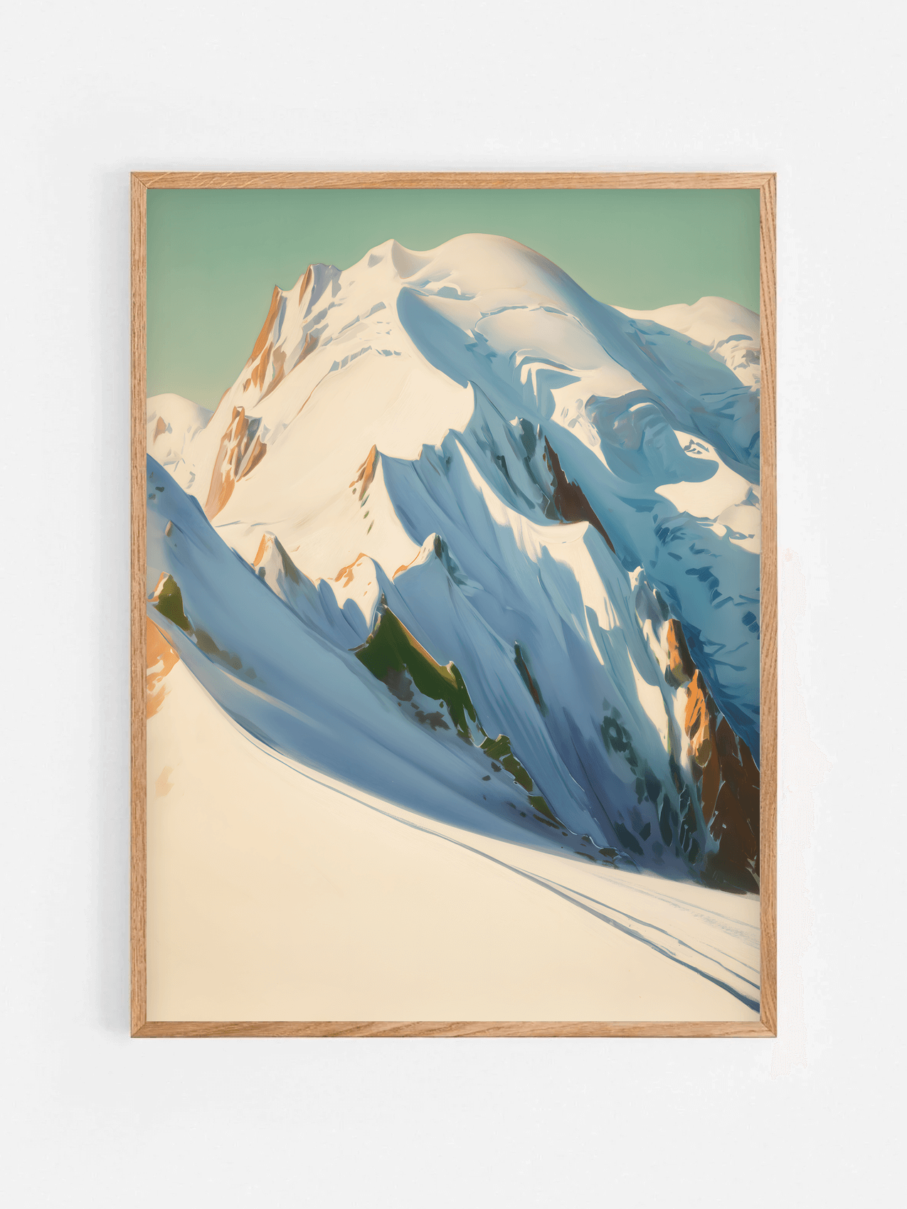 Affiche illustrée du Mont Blanc encadrée dans un cadre en bois 70x100 cm – décoration murale nature et montagne